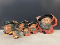 Royal Doulton, Six Character Jugs including Falstaff and Piped Piper in various sizes. includes on