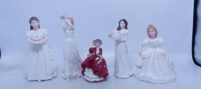 Royal Doulton, Five Figures including Amanda HN2996, Christmas Parcels HN3493 (seconds), Thinking of