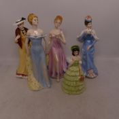 Five Ceramic Lady Figures, Claytondale Rebecca, Caroline, Margaret, Mary and another unmarked figure