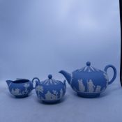 Wedgwood, Blue Jasperware Tea for One Set including Teapot, Milk Jug and Sugar Bowl (3)