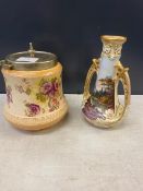 Blush Ivory Handpainted Royal Vienna Vase and S. F. & Co. Biscuit Barrel (2)