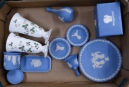 Wedgwood, A Collection Blue Jasperware ornaments, vase, bell and dishes and two Wild Strawberry