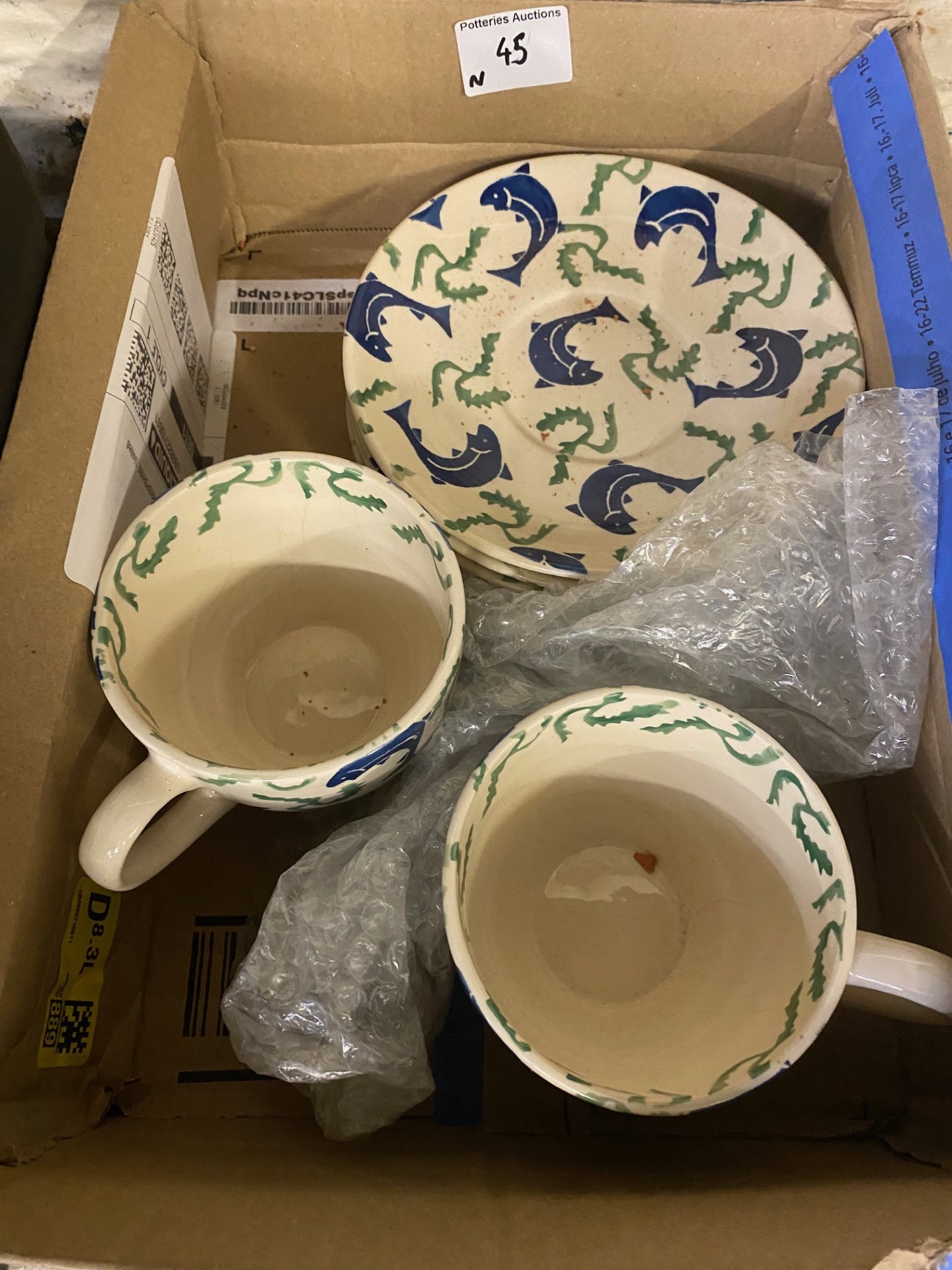 Emma Bridgewater, Two Rare Fish & Weeds Pattern Two Teacups and Four Saucers (6)