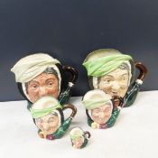 Royal Doulton, Five Character Jugs Sairey Gamp in various sizes. Includes large and small examples
