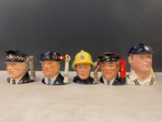 Royal Doulton, Five Small Character Jugs The Policeman, The Postman, The Engine Driver, The