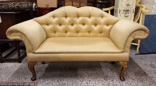 Modern Upholstered Small Settee. Gold threaded fabric with Buttoned Back on Queen Anne legs. Height: