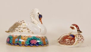 Two Royal Crown Derby paperweights, Swan and sitting duckling, gold stopper, boxed(2)