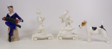 Four Ceramic Figures, Dresden Germany Figure of Sailor with Accordion. Hat has gilt 'Orcades',
