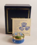 Moorcroft enamel Evesham bell tower by J Bishop . Boxed . Diameter 3cm