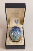 Moorcroft enamel Dolphins vase by Sandra Dance , Trial piece dated 7/9/2000 . Boxed . Height 7.5cm