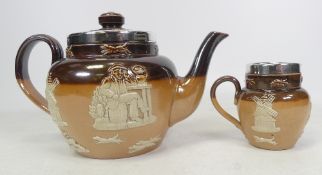 Royal Doulton Lambeth, Silver Collared Saltglaze Stoneware Teapot and Milk Jug. Height: 12.5cm (2)