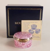 Moorcroft enamel pink roses round enamel lidded pot by S Ward , Trial piece dated 16/4/05 .