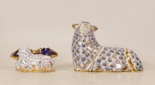 Two Royal Crown Derby paperweights, Ram & Twin Lambs, gold stopper, boxed(2)