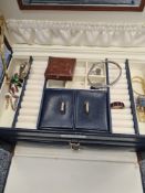 A jewellery box and contents, to include a silver, Mother of Pearl and Coral necklace, vintage watch