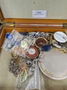 A vintage leather jewellery box and contents