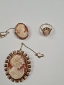 Large oval 9ct gold mounted cameo broach, female side profile 4cmx3.5cm, smaller 9ct gold mounted ex