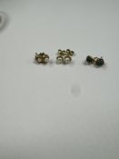 3 pairs of 9ct gold stud earrings 2 pearl examples and a pair of turquoise knot design stud.