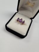 9ct yellow golf dress ring set 3 claw set marquise faceted amethyst, each separated 3 small roun