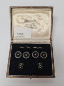 Cased set of silver enamel and seed pearl buttons and dress studs, marked silver maker D & F, in too