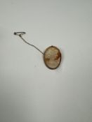 9ct gold mounted cameo brooch, classical female side profile, with safety chain, marked 375, 9Kt