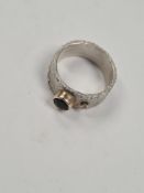 Contemporary textured silver band ring with gold mounted blue sapphire and small diamond, size U, ap