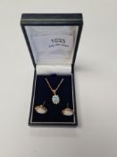 Fine 9ct yellow gold neckchain hung with a 9ct gold opal and diamond cluster pendant, approx 2.15g a