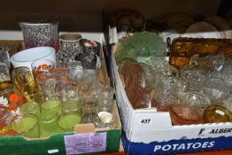 THREE BOXES OF ASSORTED CERAMICS AND GLASS ETC, to include art deco style dressing table items,