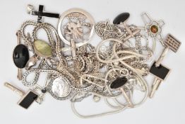 A SMALL BAG OF SILVER AND WHITE METAL JEWELLERY, to include a silver open work Welsh Dragon pendant,