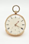 AN EARLY 19TH CENTURY 18CT GOLD OPEN FACE POCKET WATCH, key wound movement, white dial, Roman
