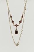 A CZECHOSLOVAKIA SILVER GILT, GARNET NECKLACE, pear cut garnet cabochon dropper in a milgrain