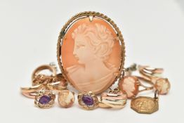 ASSORTED YELLOW METAL JEWELLERY, to include a pair of cameo stud earrings, hallmarked 9ct