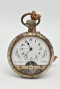 AN EIGHT DAY OPEN FACE POCKET WATCH, hand wound movement, round dial with floral detail, Arabic