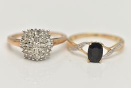 TWO 9CT GOLD GEM SET RINGS, the first a diamond tiered cluster ring, set with round brilliant cut
