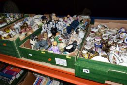 FOUR BOXES OF CERAMICS, including figural ornaments, Sherratt & Simpson Bulldog group, trinket and