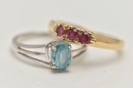 TWO 9CT GOLD GEM SET RINGS, the first designed as a line of three circular cut garnets, the second