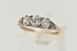A DIAMOND THREE STONE RING, set with slightly graduating old cut diamonds, the principal diamond