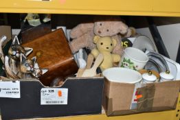 THREE BOXES OF CERAMICS, ORNAMENTS AND SOFT TOYS, to include carved wooden cat and elephant