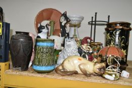 A QUANTITY OF VASES AND CAT ORNAMENTS, comprising a hand painted 'Just Cats & Co.' Siamese cat