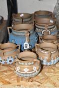 A GROUP OF LATE 19TH CENTURY DOULTON SILICON WARE CAULDRONS, comprising four large cauldrons, height