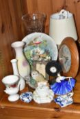 A GROUP OF ORNAMENTS, comprising a Royal Doulton 'Elaine' HN3214 miniature figurine, a Delft Ware