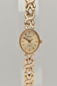 A 9CT GOLD LADIES WRISTWATCH, quartz movement, oval dial signed 'Sovereign', baton markers, yellow