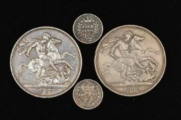 FOUR COINS, to include two Victoria crowns dated 1887 and 1890, together with a Victoria three pence