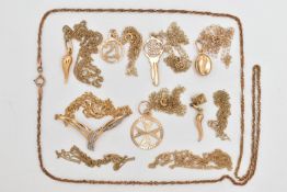 TEN FINE CHAINS WITH PENDANTS, pendants to include Italian horn, 21, 18 key, small die and Italian