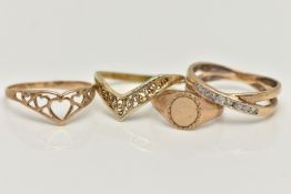 FOUR RINGS, the first a childs 9ct gold oval signet ring, hallmarked 9ct Birmingham, ring size B,