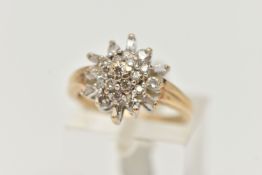 A 9CT GOLD DIAMOND CLUSTER RING, nineteen round brilliant cut diamonds and six baguette cut diamonds