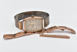A ROSE METAL WRISTWATCH AND BAR BROOCH, manual wind, tonneau silver engine turned pattern dial,