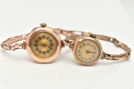 TWO LADIES 9CT GOLD WRISTWATCHES, the first a manual wind watch, worn two tone dial, polished