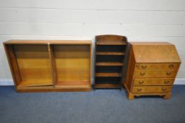 A WALNUT FALL FRONT BUREAU, width 75cm x depth 47cm x height 98cm, along with an oak open