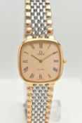 AN OMEGA DE VILLE STAINLESS STEEL WRISTWATCH, the curved square face with black Roman numerals, gold