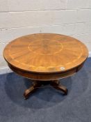 A 19TH CENTURY ROSEWOOD AND PARQUETRY INLAID CIRCULAR REVOLVING DRUM TABLE, central starburst,